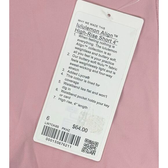Lululemon Align High-Rise Short 4” Pink Haze Size 6 NWT PInk - Picture 6 of 6